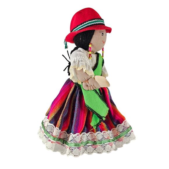 Handmade Bolivian Cloth Doll 9" Traditional Dress Red Hat Colorful Skirt & Beads - Picture 15 of 16